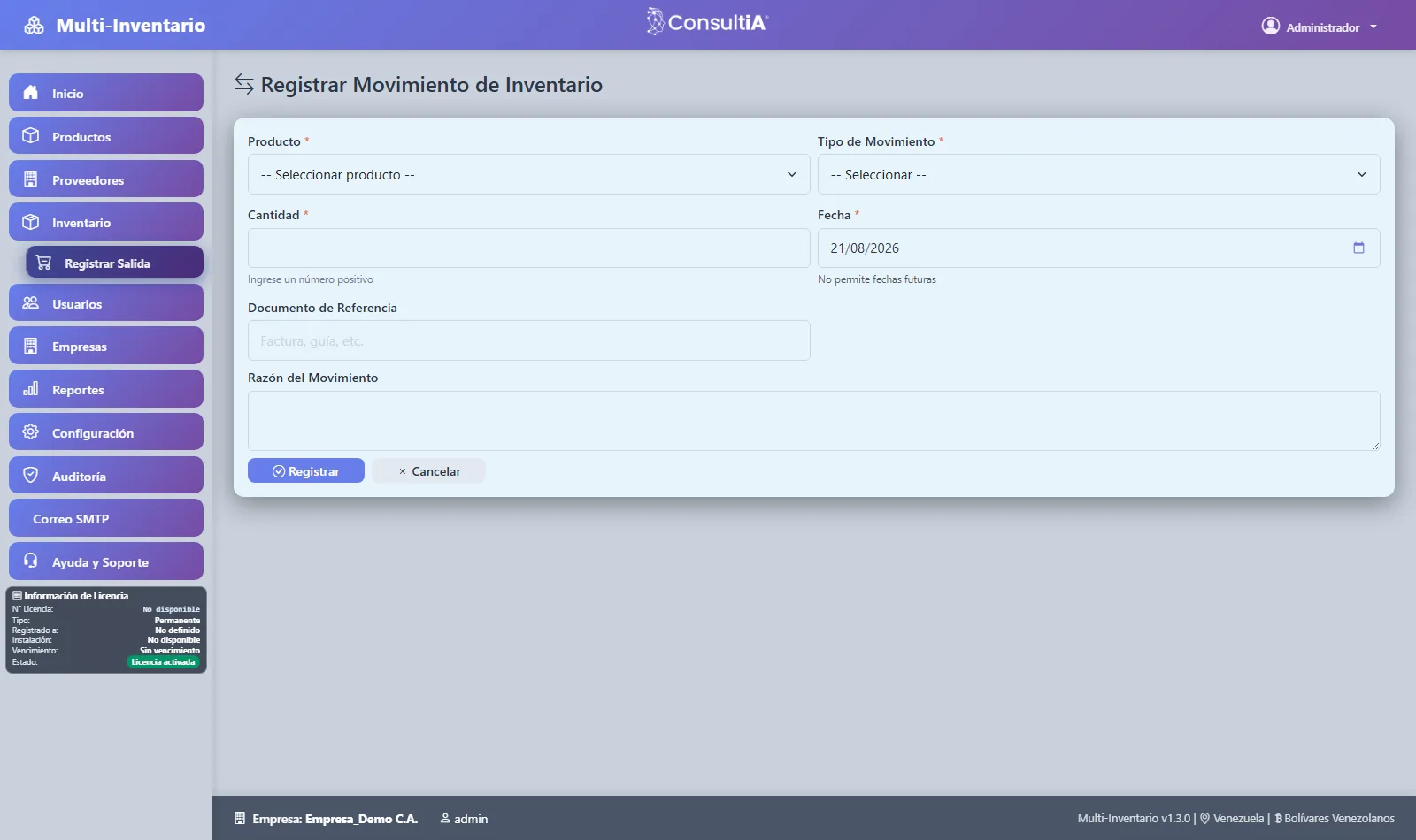Registro de movimiento de inventario